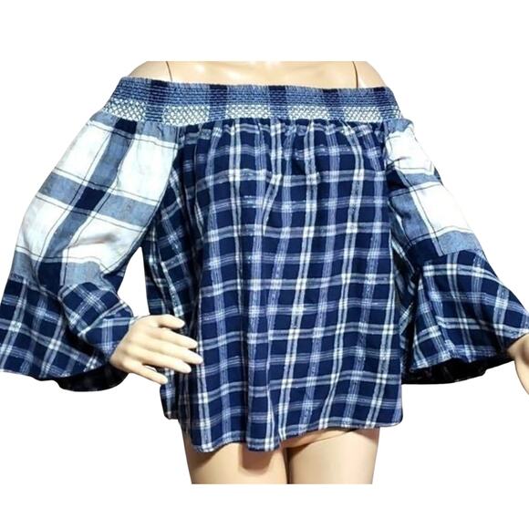 Ann Taylor LOFT Tops - Ann Taylor Loft Women's Blue Plaid Off-the-Shoulder Blouse Flared Sleeves Sz L